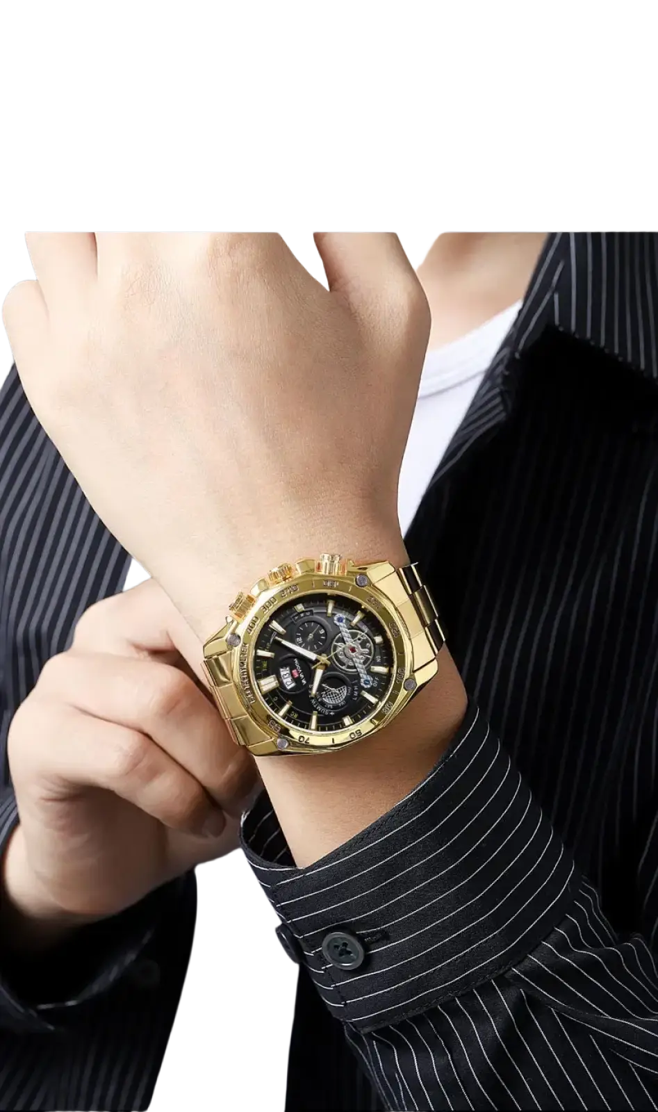 Va va voom mens luxury stainless steel watch with gold-toned chronograph and black dial featuring mechanical details