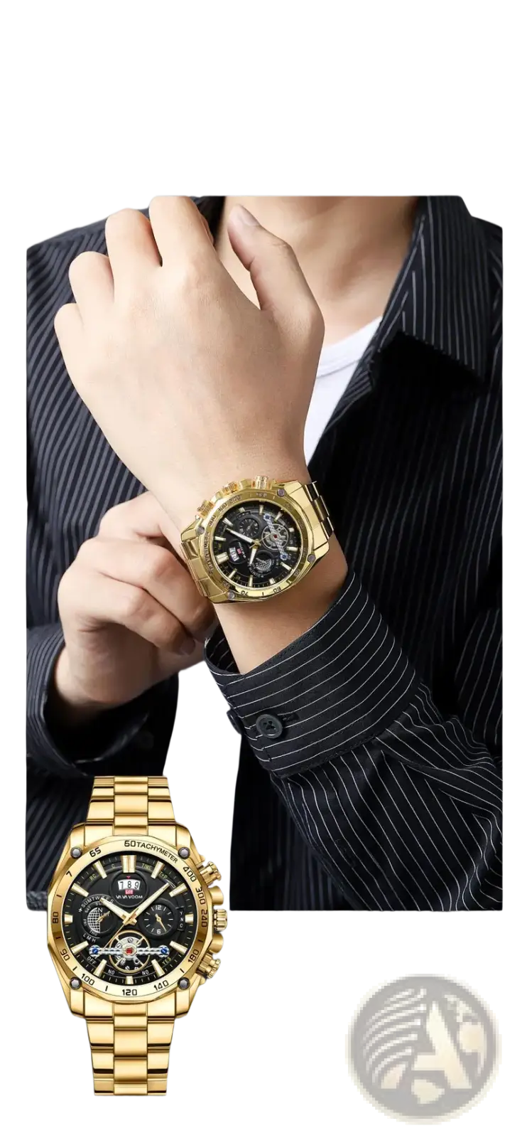Va va voom mens luxury stainless steel watch with gold-toned chronograph case black dial and bracelet
