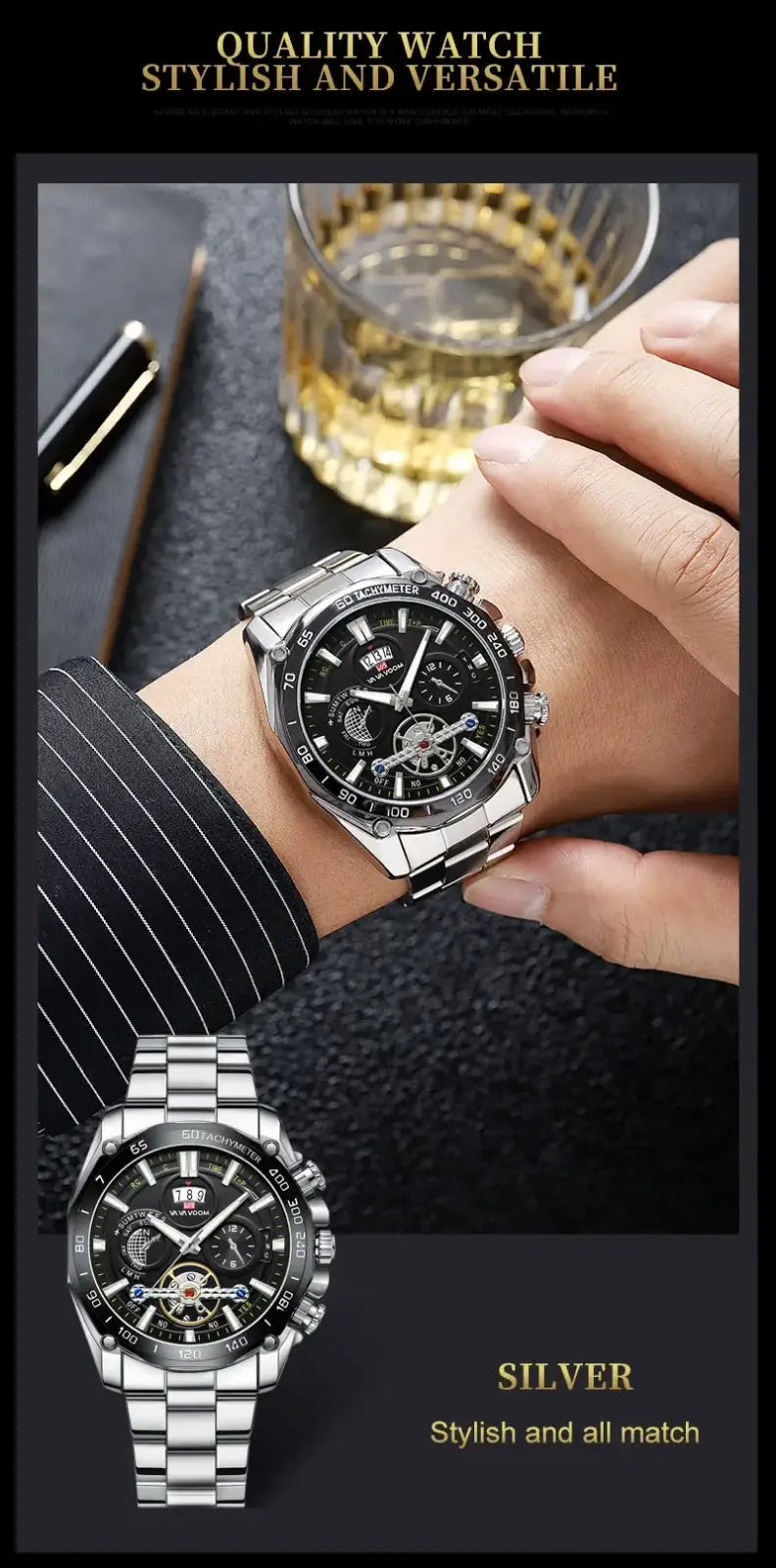 Va va voom mens luxury stainless steel watch with silver chronograph, black dial, visible gears, subdials, and textured bezel
