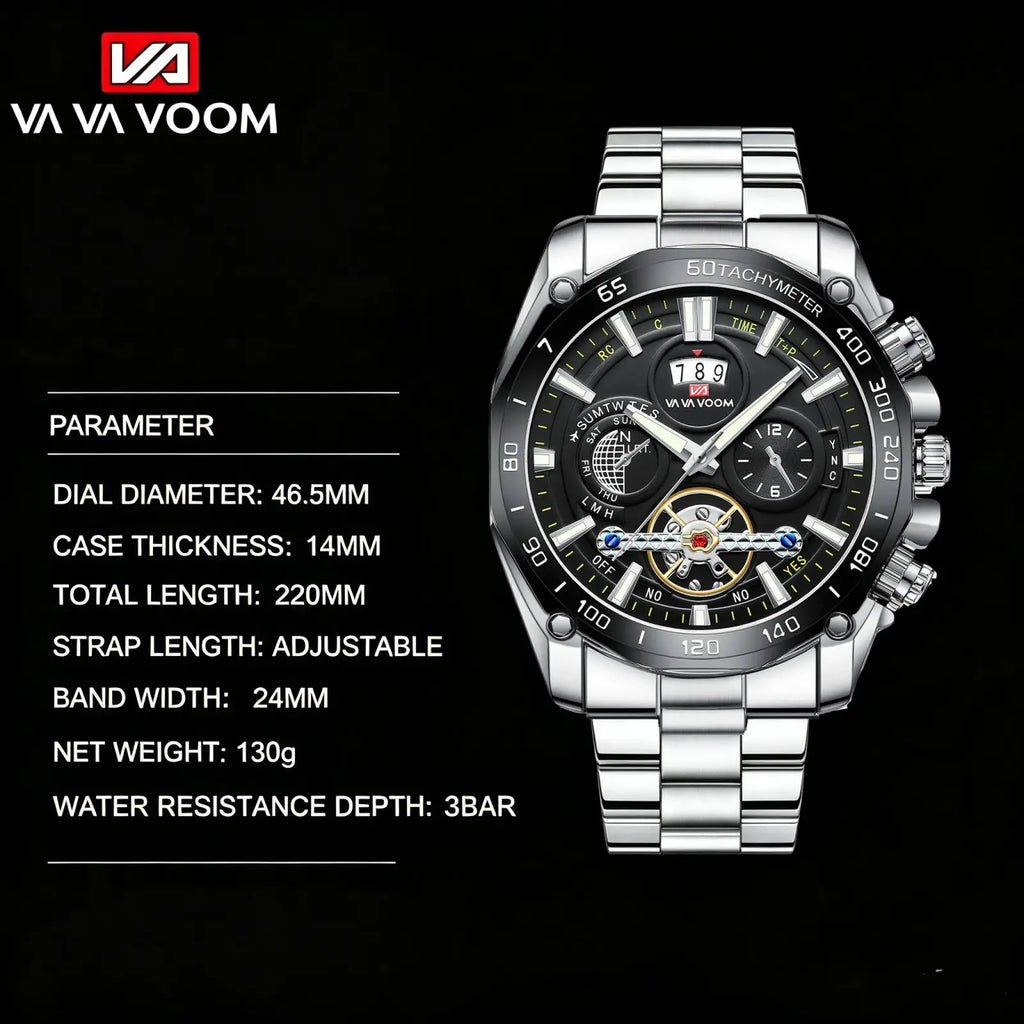 Va va voom mens luxury stainless steel chronograph watch with black dial and silver bracelet and case