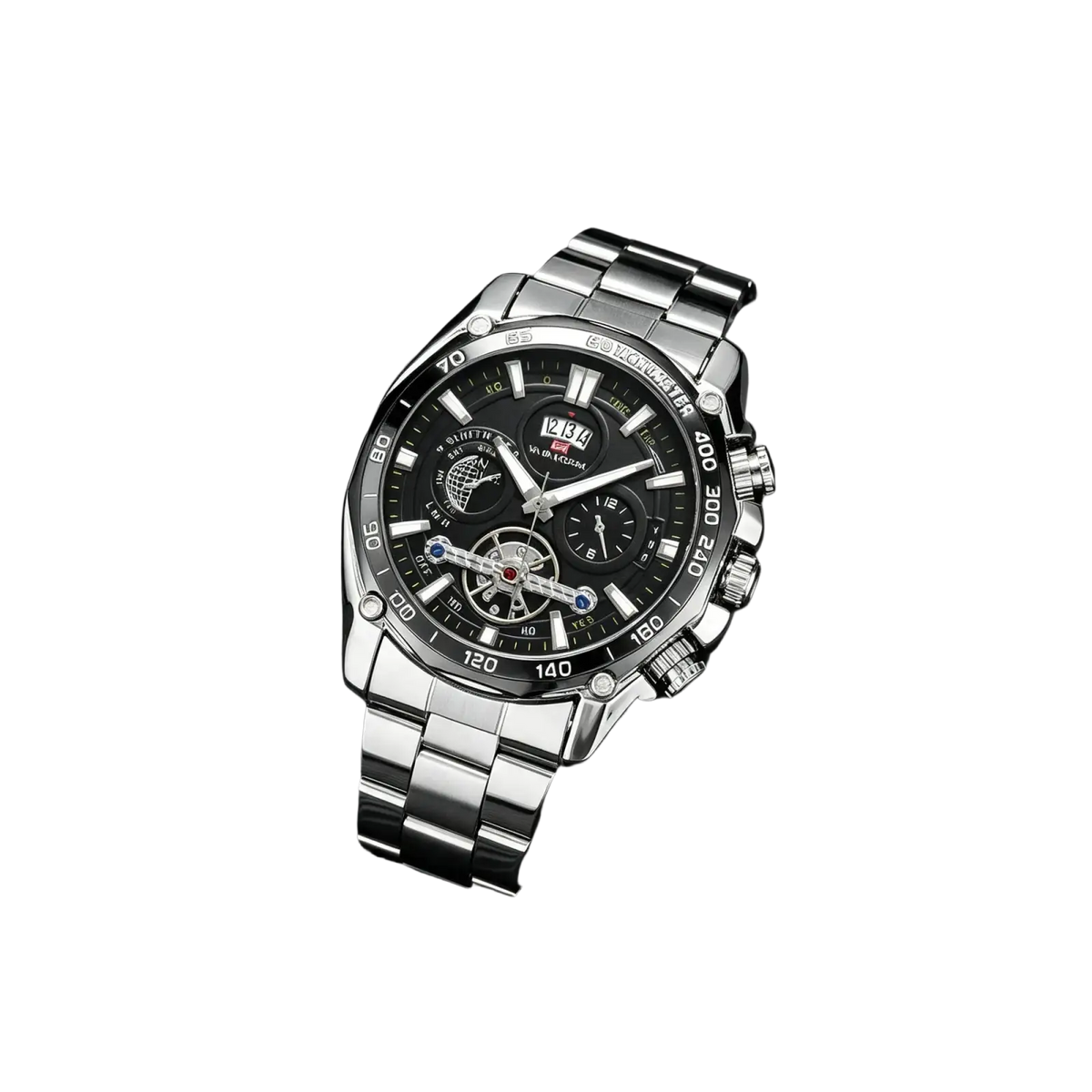 Va Va Voom mens luxury stainless steel chronograph watch with silver tone, black dial, multiple subdials, and visible gears
