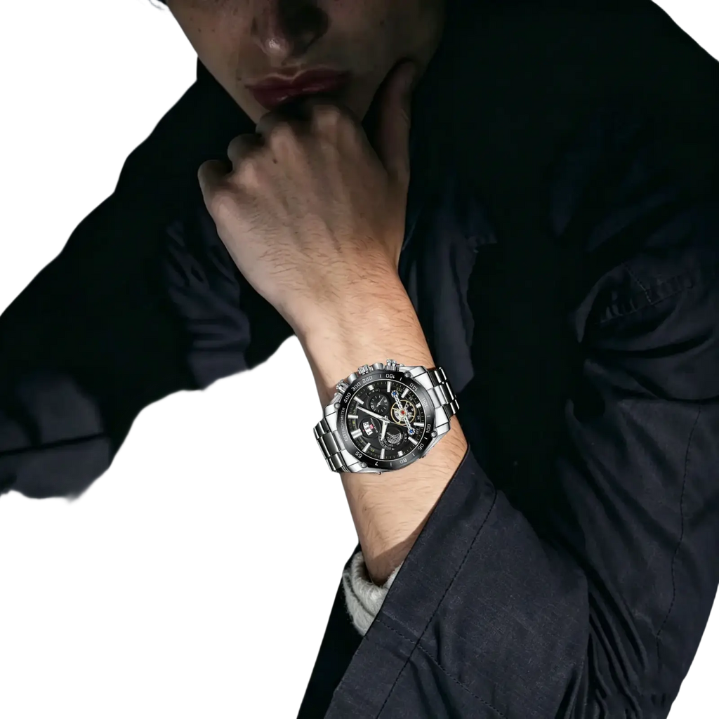 Va va voom mens luxury stainless steel watch with silver-toned chronograph, black dial, and exposed mechanical movement