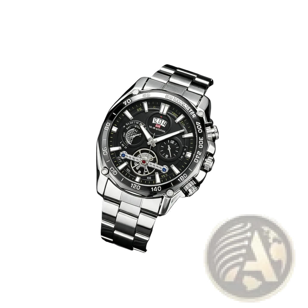 Va Va Voom mens luxury stainless steel chronograph watch with silver tone, black dial, multiple subdials, and visible gears