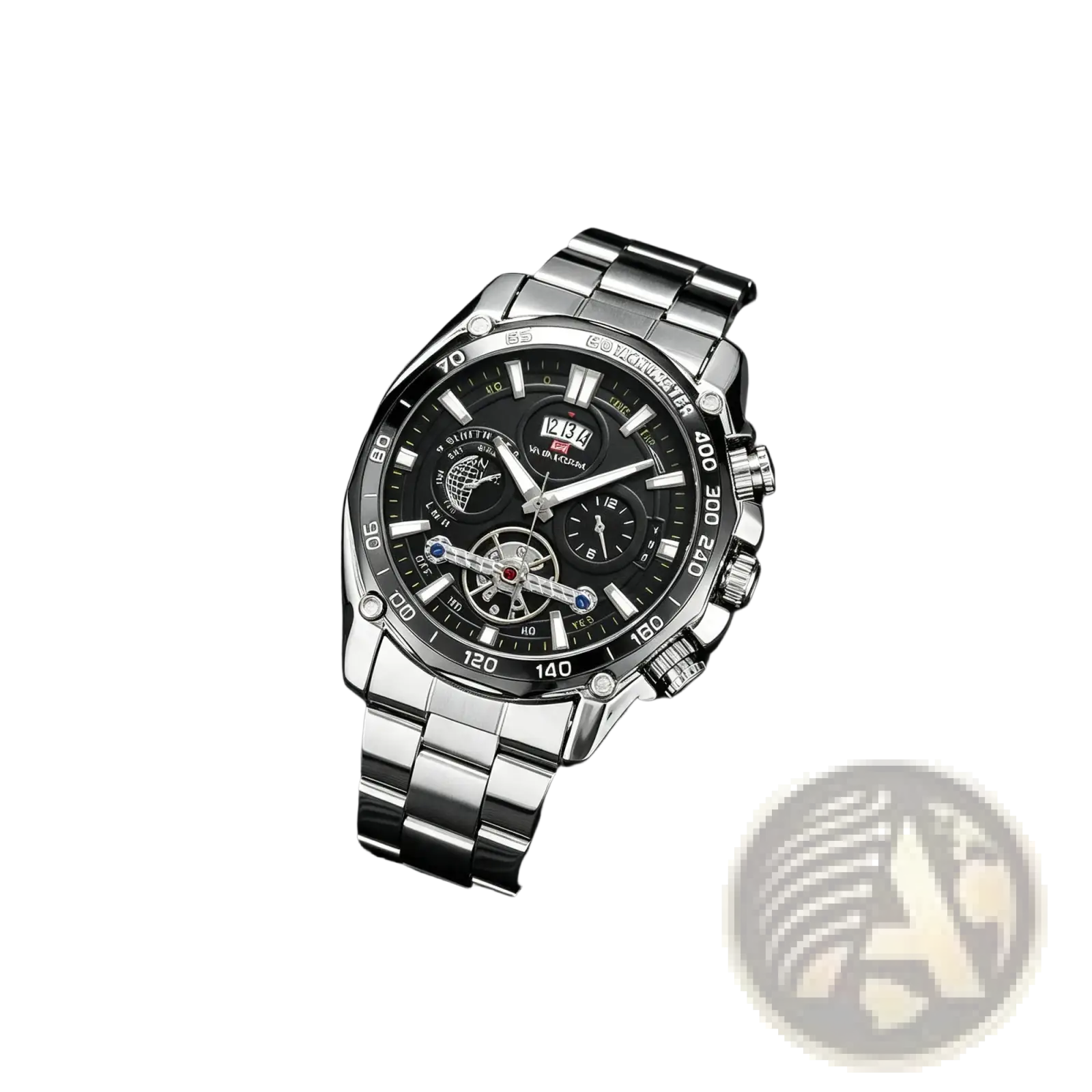 Va Va Voom mens luxury stainless steel chronograph watch with silver tone, black dial, multiple subdials, and visible gears