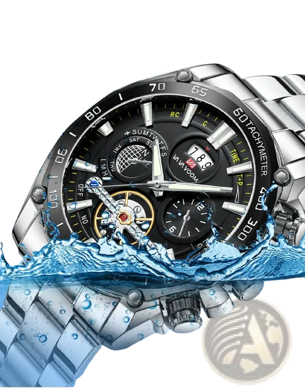 Va va voom mens luxury stainless steel chronograph watch with silver tone case black dial and multiple subdials