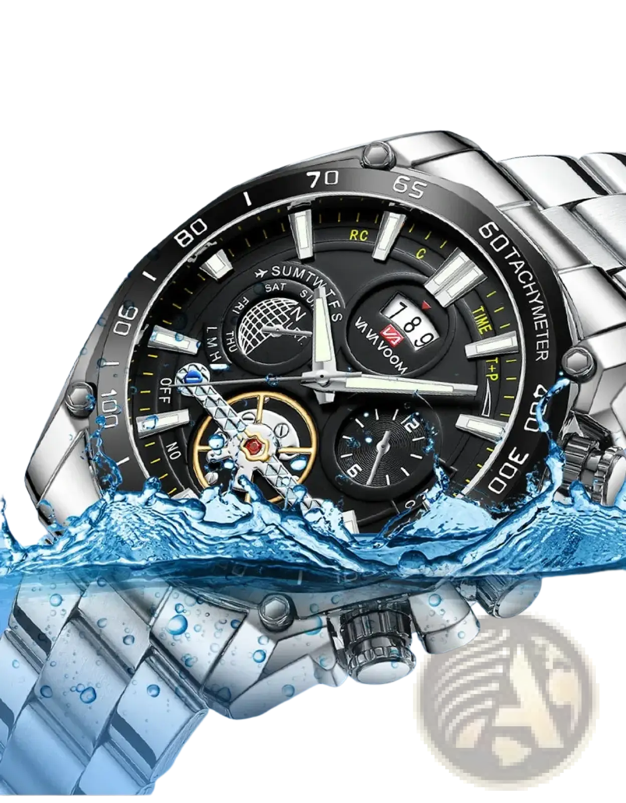 Va va voom mens luxury stainless steel chronograph watch with silver tone case black dial and multiple subdials