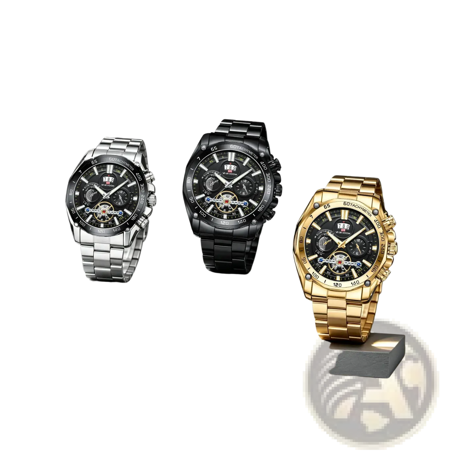 Three va va voom mens luxury stainless steel chronograph watches with exposed mechanical movements in silver black and gold finishes