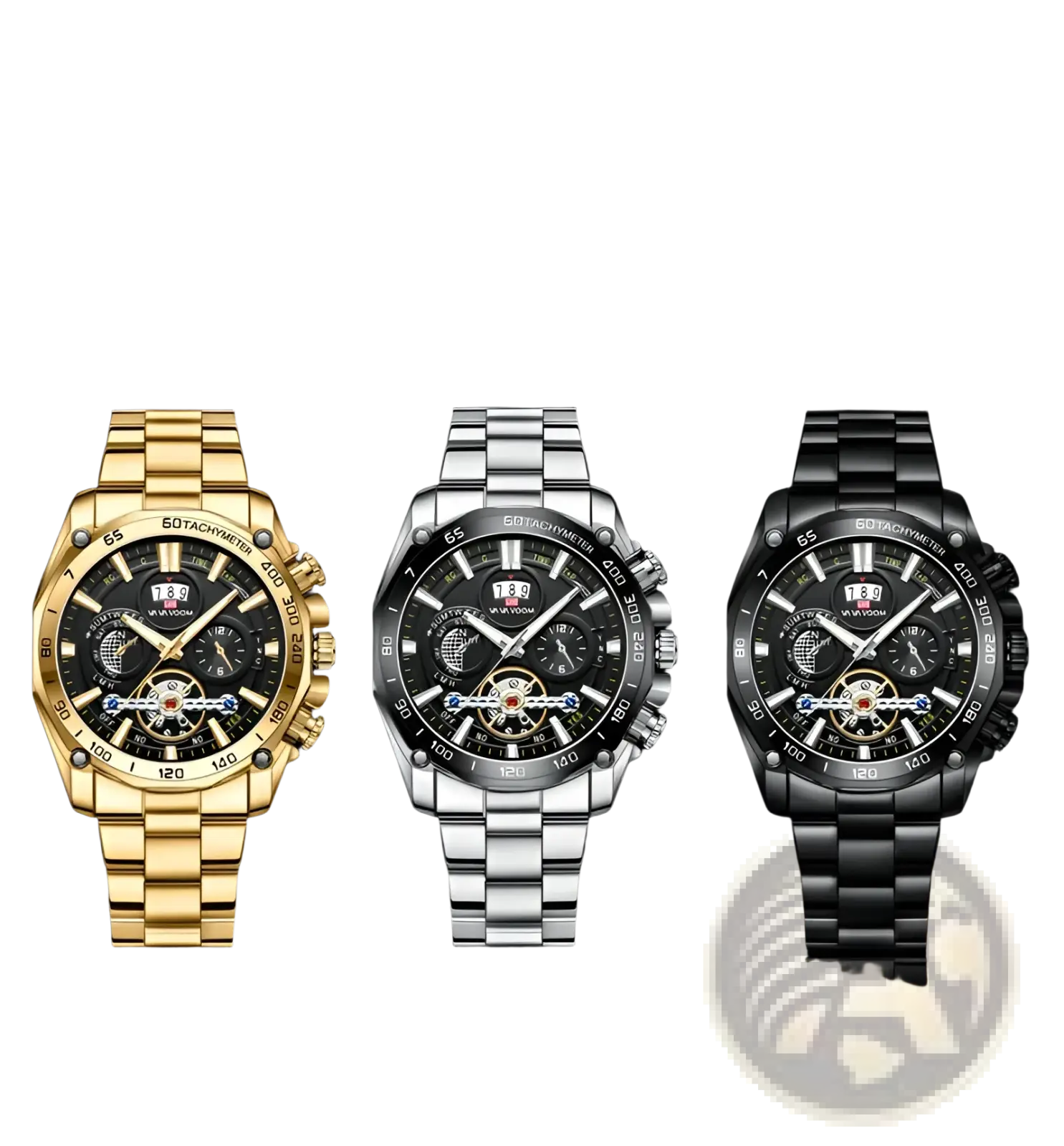 Va va voom mens luxury stainless steel chronograph watches in gold silver and black with intricate dial designs