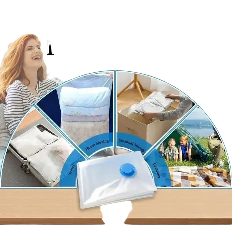 White vacuum bag with blue circular valve designed for clothes vacuum storage with pump system