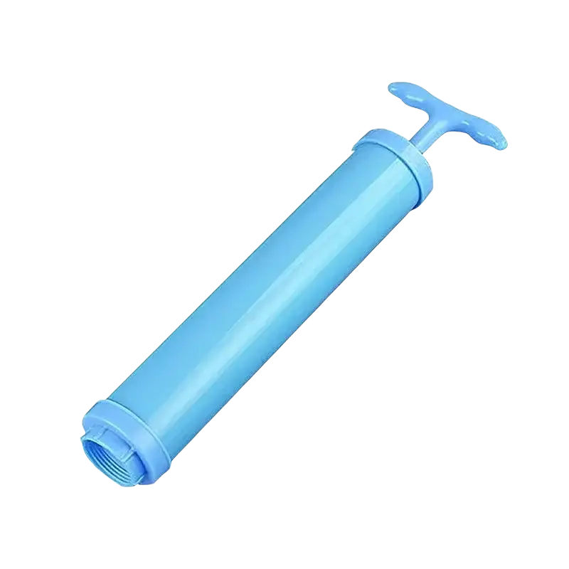 Light blue manual air pump with t shaped handle and threaded base for vacuum bags and clothes vacuum use