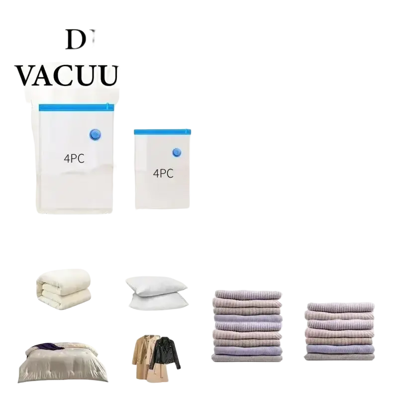 Set of four white vacuum bags for clothes with blue seals in jumbo large medium and small sizes with pump included