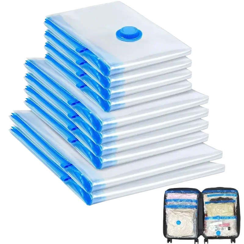 Set of three transparent blue valve vacuum bags for clothes vacuum storage with seals and pump compatibility