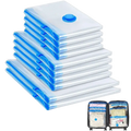 Stack of transparent vacuum bags for clothes with blue plastic valves and zipper seals for clothes vacuum storage
