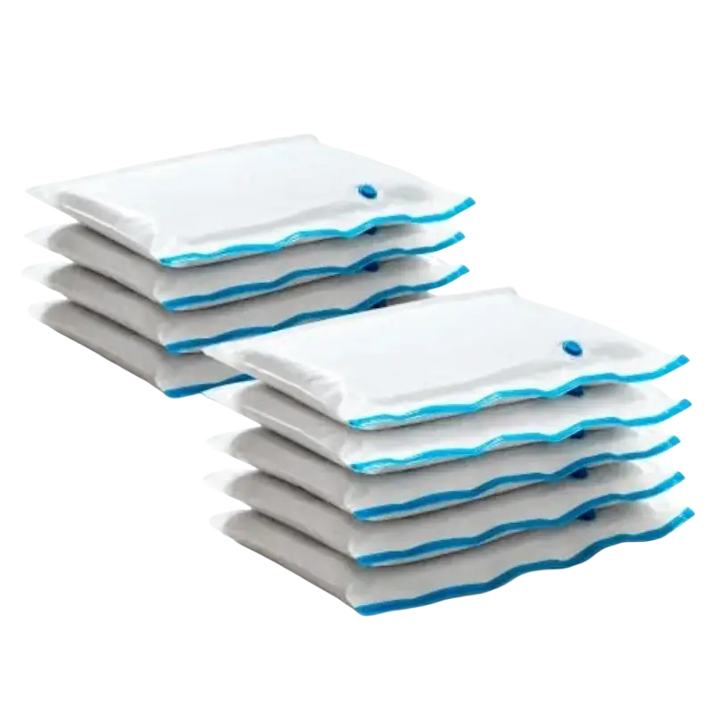 White and blue vacuum bags for clothes with a wavy edge design designed for efficient clothes vacuum storage