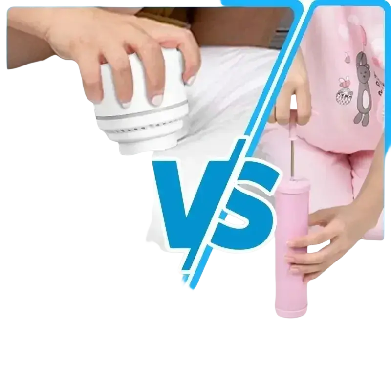 White cylindrical air pump with textured grip and silver accent ring for vacuum bags used with clothes vacuum