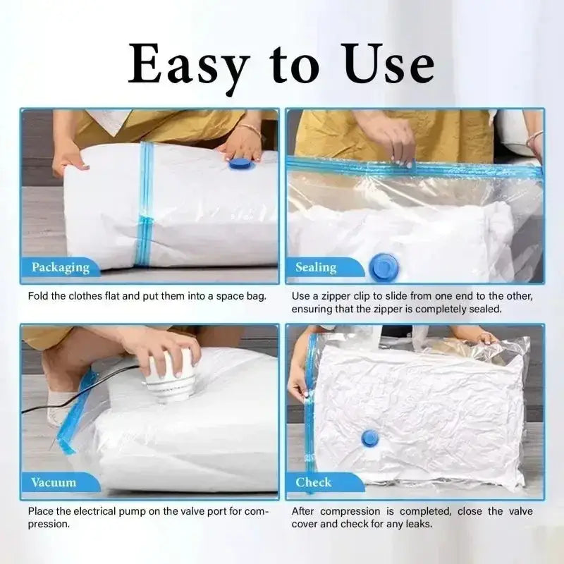 White vacuum bag for clothes with blue zipper and valve port designed for easy compression in vacuum bags
