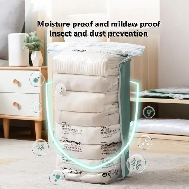 A clear moisture-proof mildew-resistant vacuum bag with teal zipper holding folded white clothes for large pump-free storage