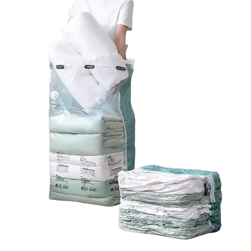 Clear plastic vacuum bags large pump-free storage with black stop markings and white valve filled with folded bedding