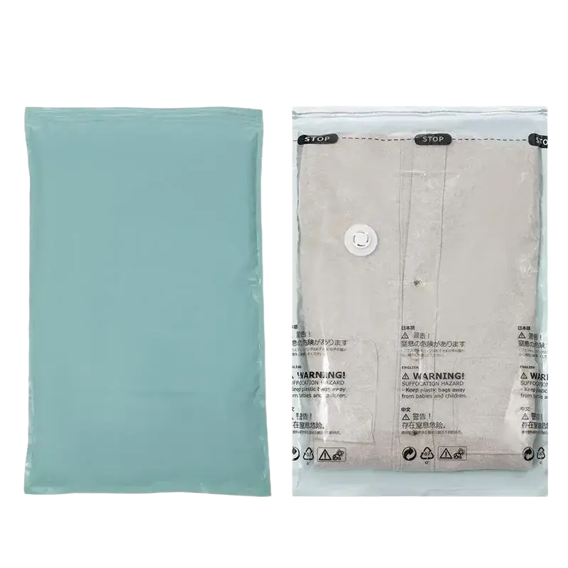 A light teal vacuum bag with a white valve and printed warnings for pump-free large clothes storage vacuum bags