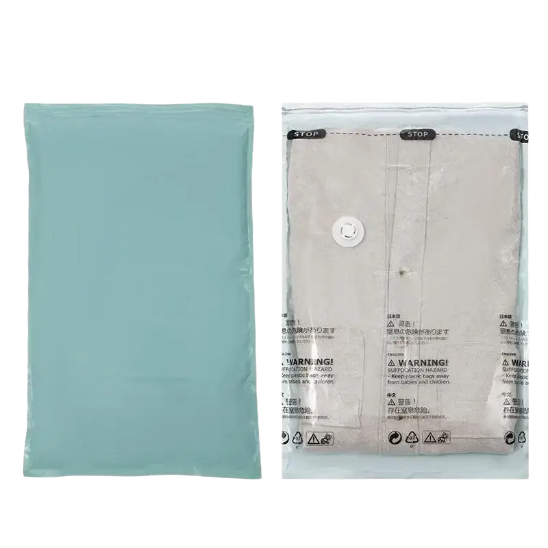 Teal flat vacuum bags with white circular valve and printed warnings for large pump-free clothes storage