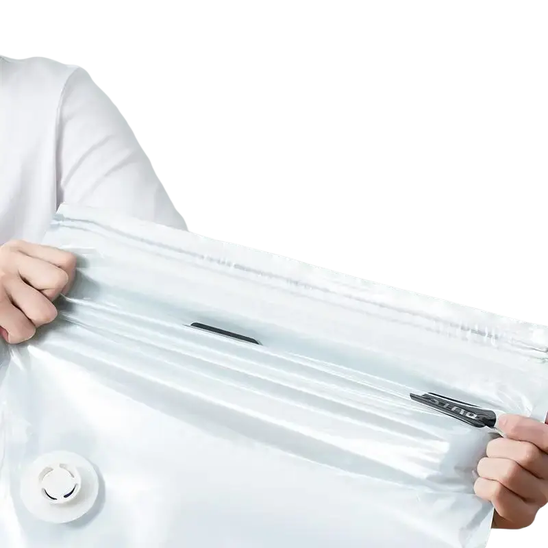 Transparent white plastic vacuum bags with black zipper and circular valve large pump-free storage for clothes