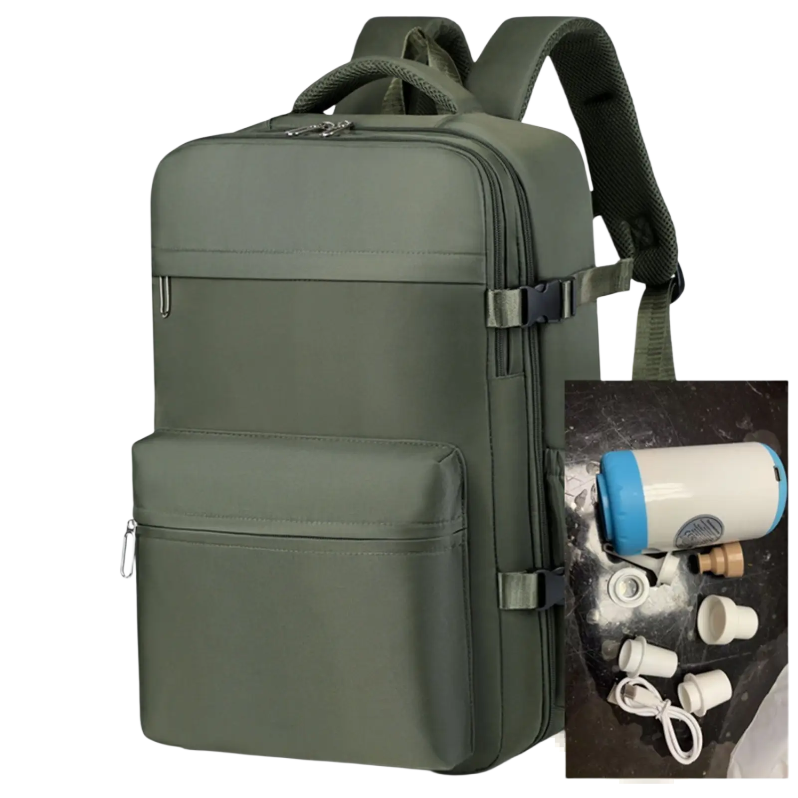 Olive green nylon vacuum compression laptop backpack 15 inch with black mesh shoulder straps and multiple zippered compartments
