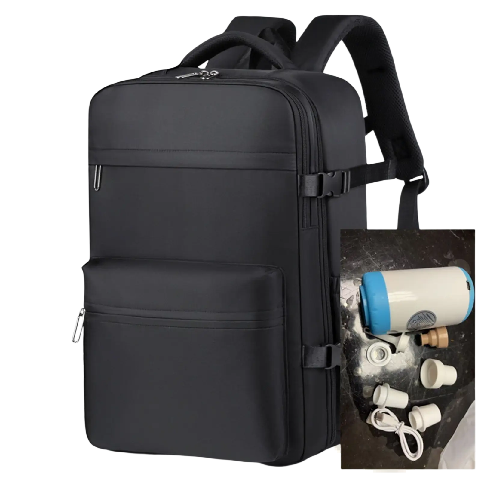 Black nylon vacuum compression laptop backpack 15 inch 35l with adjustable shoulder straps and multiple zippered compartments