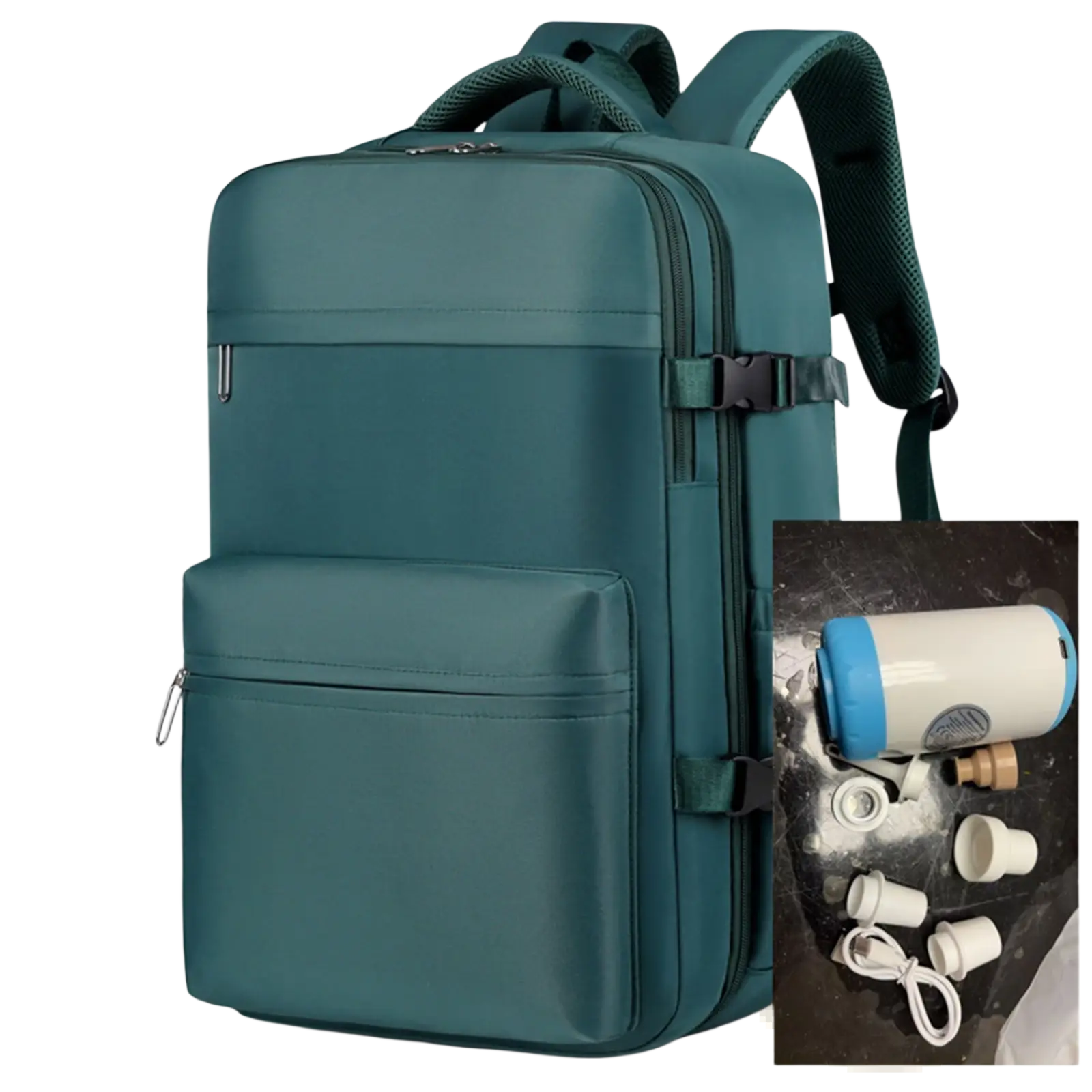 Teal nylon vacuum compression laptop backpack 15 inch with padded shoulder straps and multiple zippered compartments