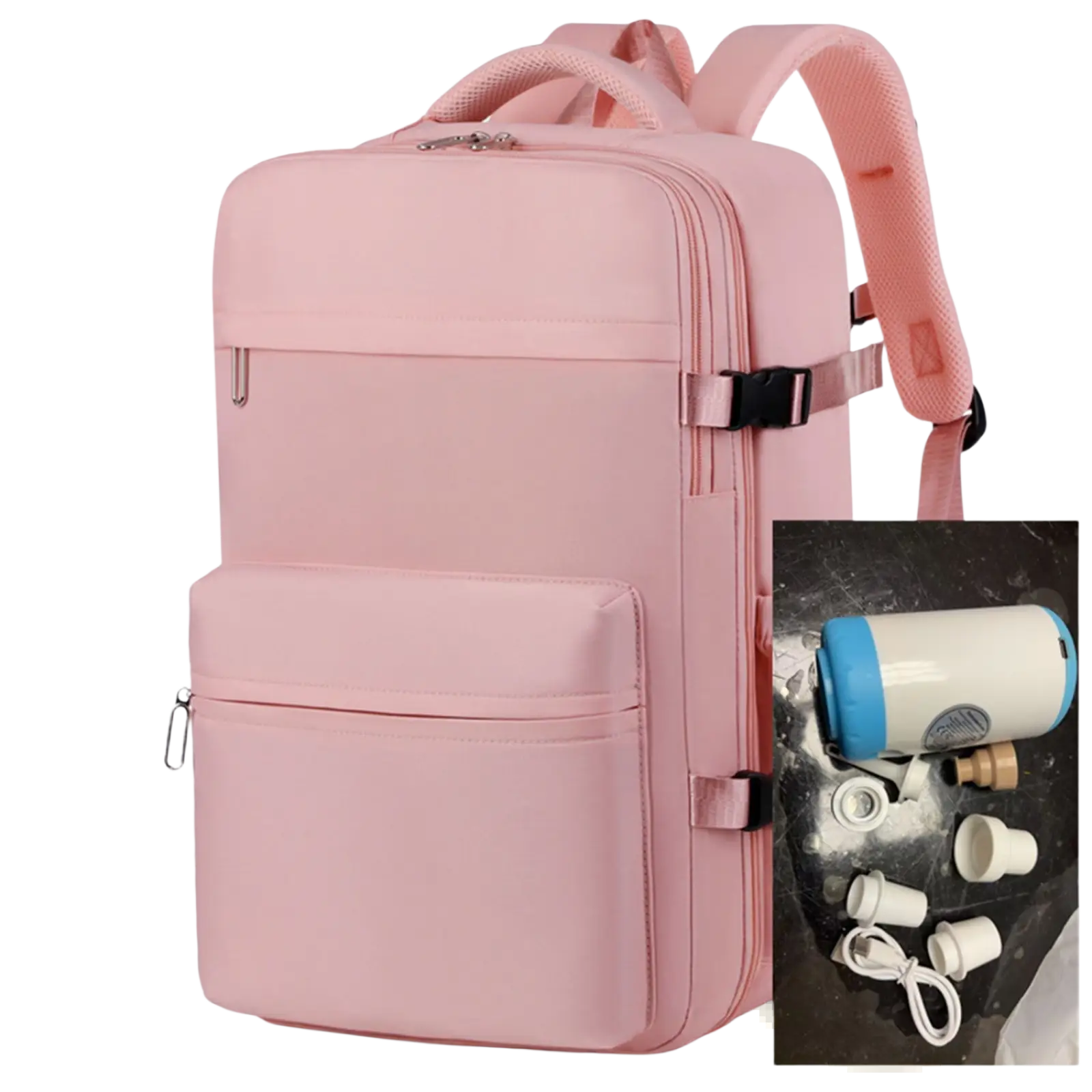 Pink nylon vacuum compression laptop backpack 15 inch with adjustable straps and multiple zippered compartments