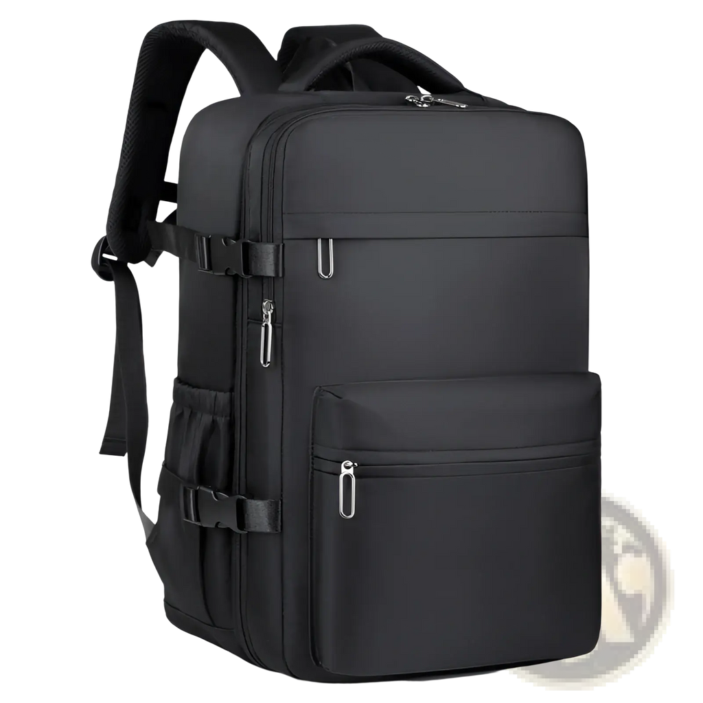 Black nylon vacuum compression laptop backpack 15 inch with multiple zippered compartments and adjustable straps