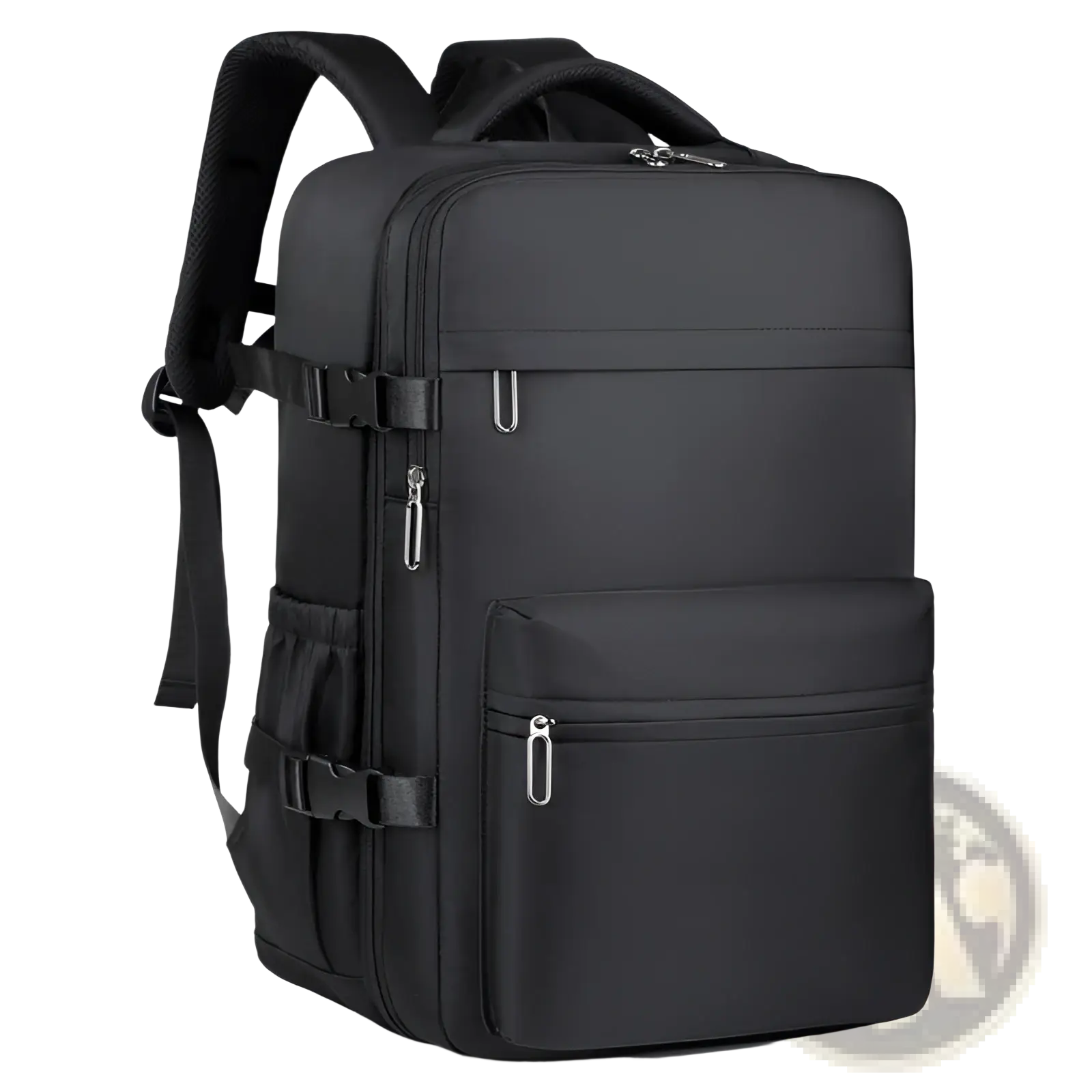 Black nylon vacuum compression laptop backpack 15 inch with multiple zippered compartments and adjustable straps