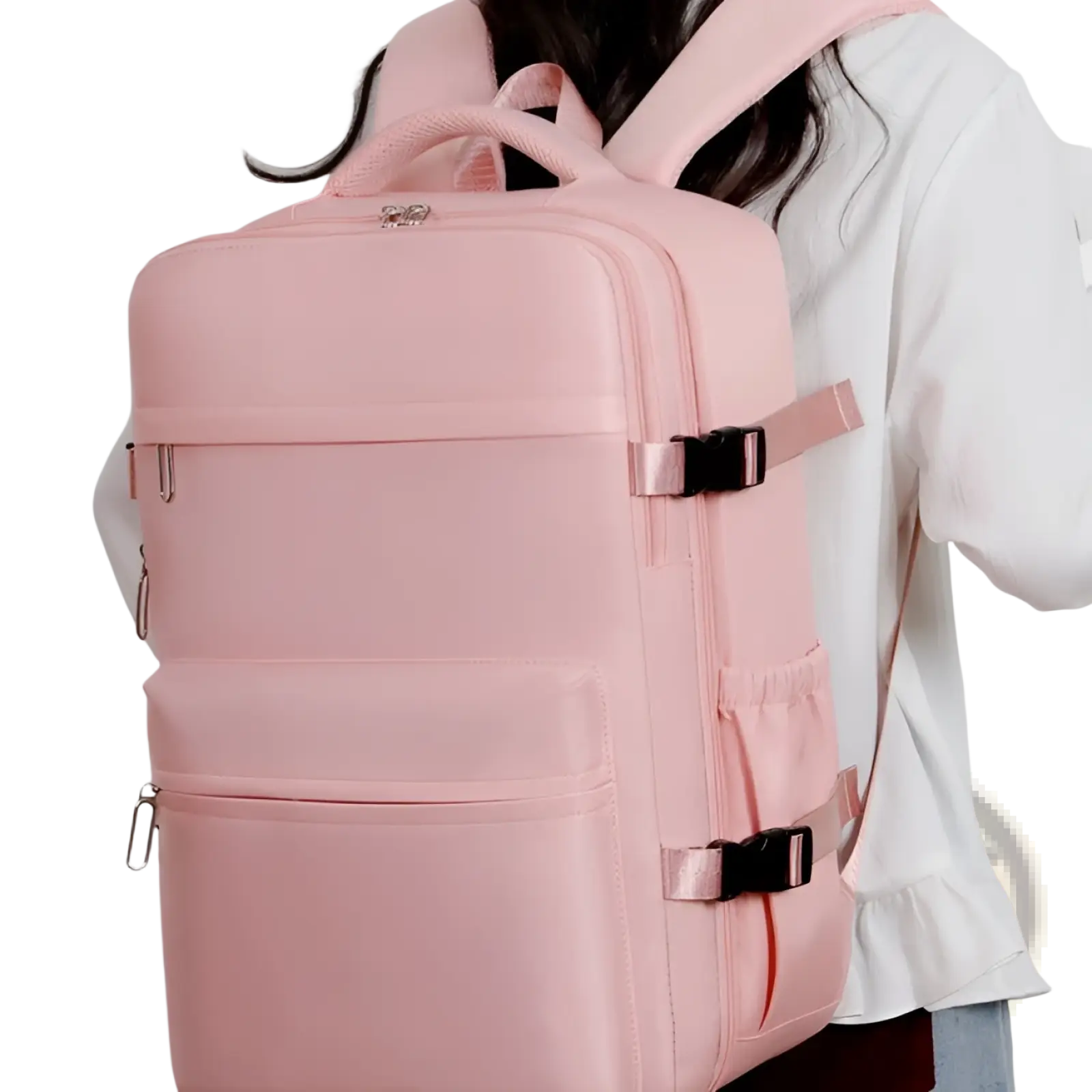 A sleek blush pink nylon vacuum compression laptop backpack 15 inch 35l with black buckle straps and silver zippers