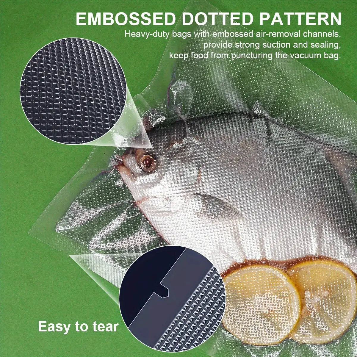 Clear vacuum sealer bags 20x1500cm roll with embossed dotted pattern for strong suction and tear-resistant food vacuum storage