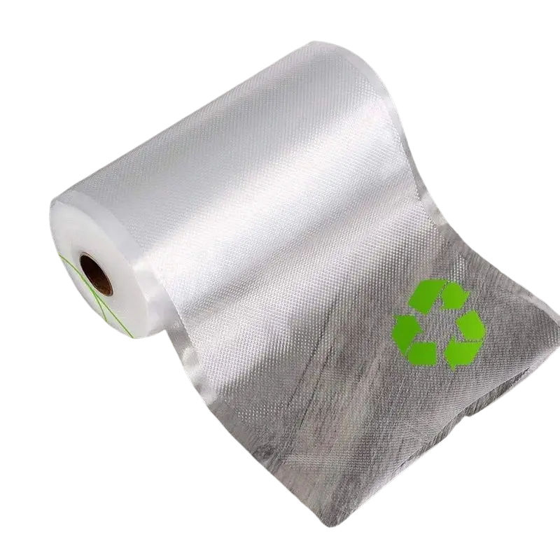 A roll of transparent textured vacuum bags with a green recycling symbol for food vacuum sealer storage 20x1500cm