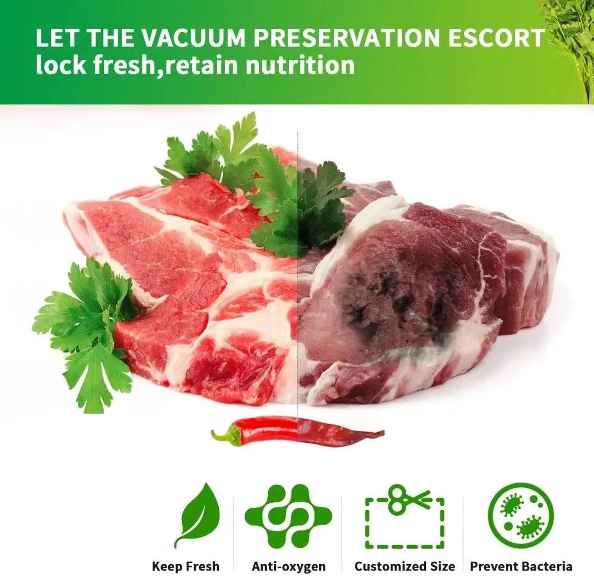 Fresh red pork loin with marbling and parsley garnish displayed with vacuum sealer food storage bags textured clear rolls