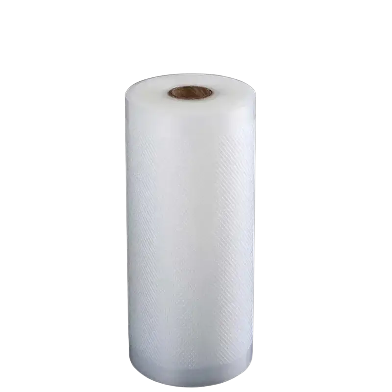 A roll of white textured vacuum sealer food storage bags made of clear plastic film with a brown cardboard core