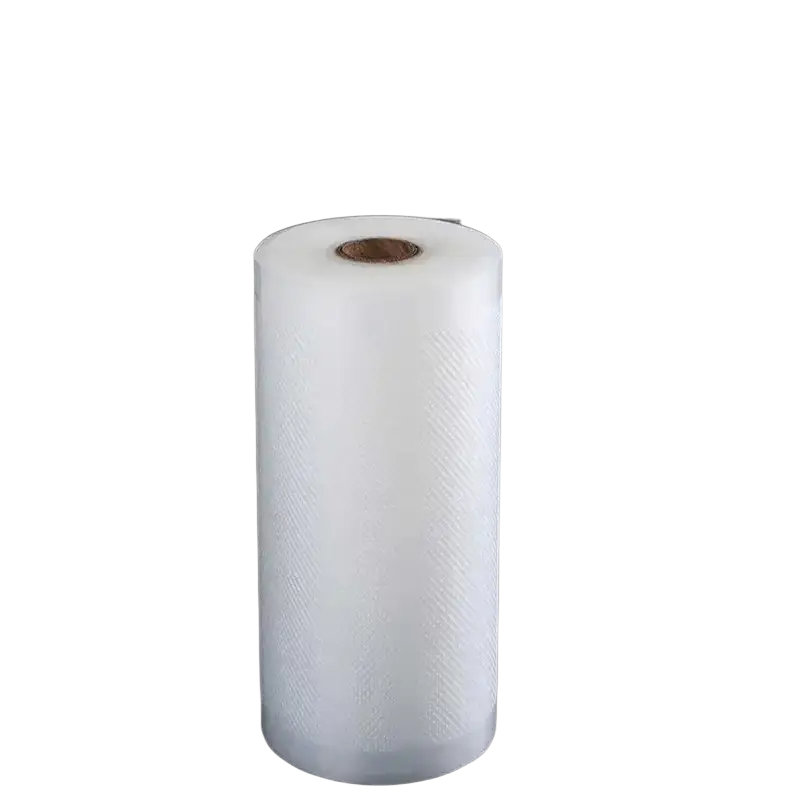 A roll of white textured vacuum sealer food storage film with a brown cardboard core for airtight sealing