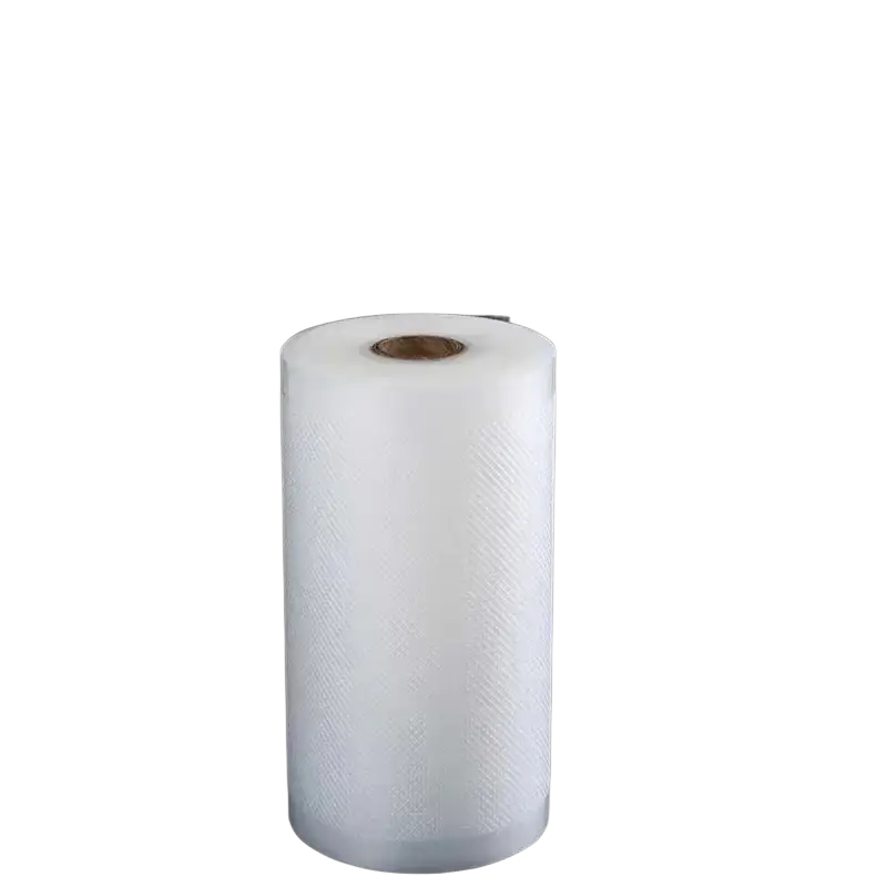 A roll of white textured clear vacuum sealer food storage film with a brown cardboard core for airtight sealing