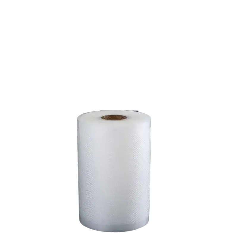 A roll of white textured vacuum sealer food storage plastic film with a brown cardboard core