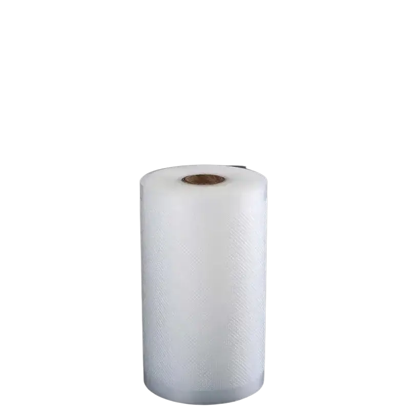 A roll of white textured vacuum sealer food storage film with a brown cardboard core for airtight sealing