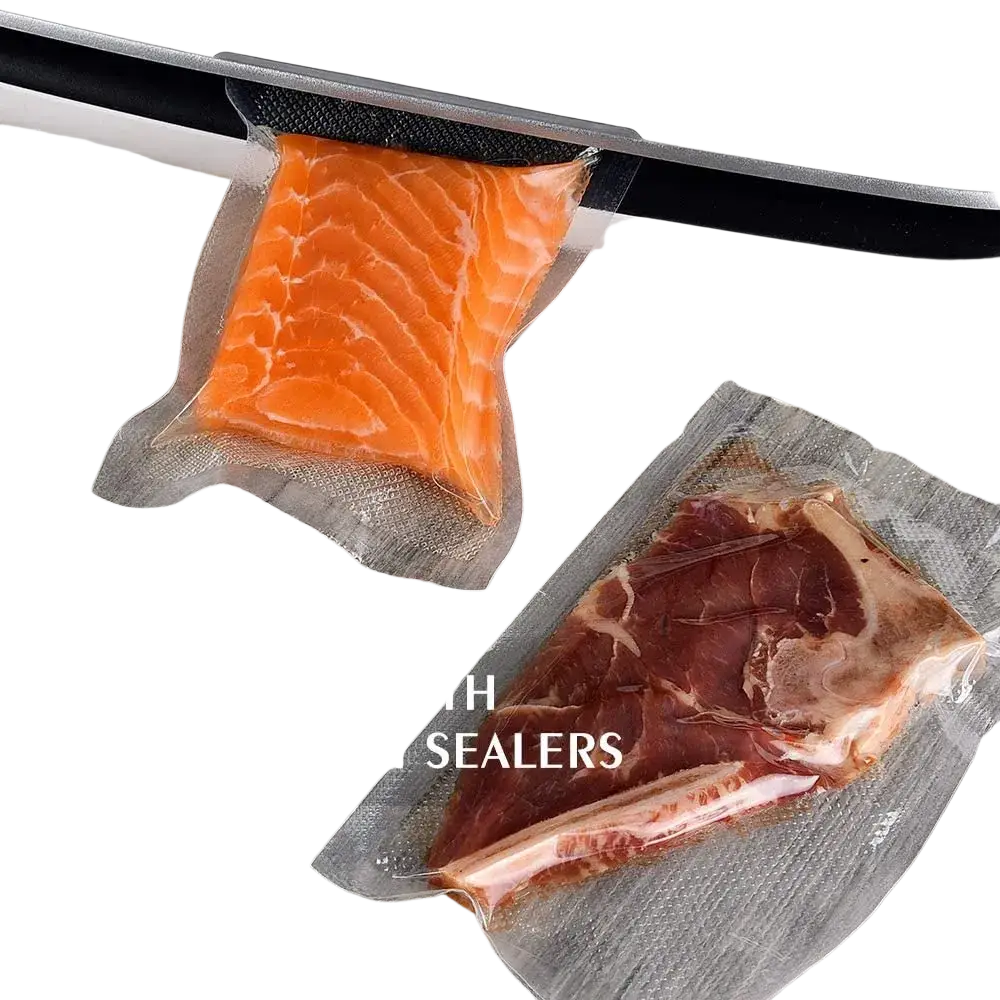 Clear vacuum sealer food storage bags textured clear rolls containing orange salmon fillet and dark red steak