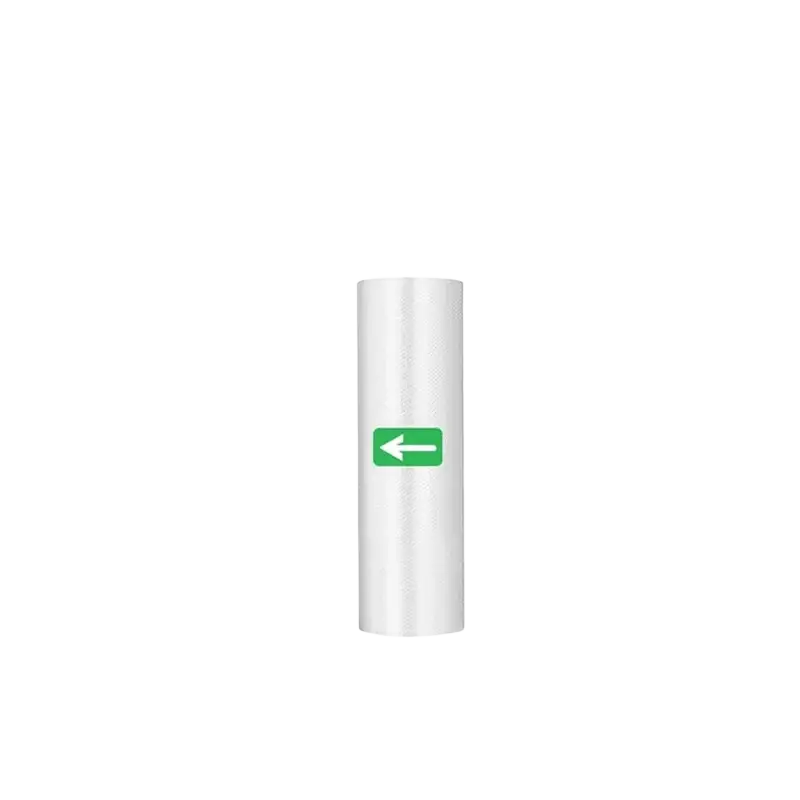 A translucent white vacuum sealer food storage bag with green arrow label for airtight food preservation