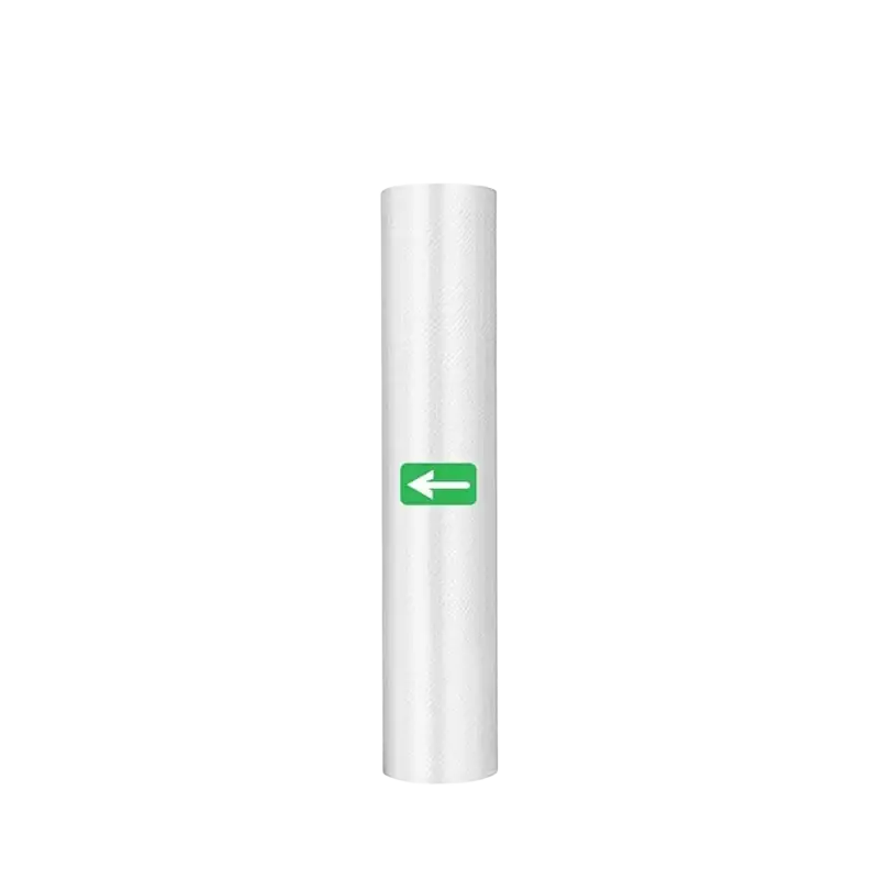 A translucent white textured vacuum sealer food storage bag roll 300cm by 25cm with a green arrow label