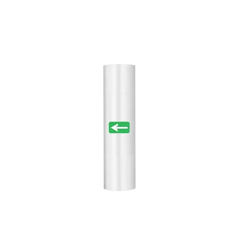 A translucent white textured clear vacuum sealer food storage bag with a green directional arrow label