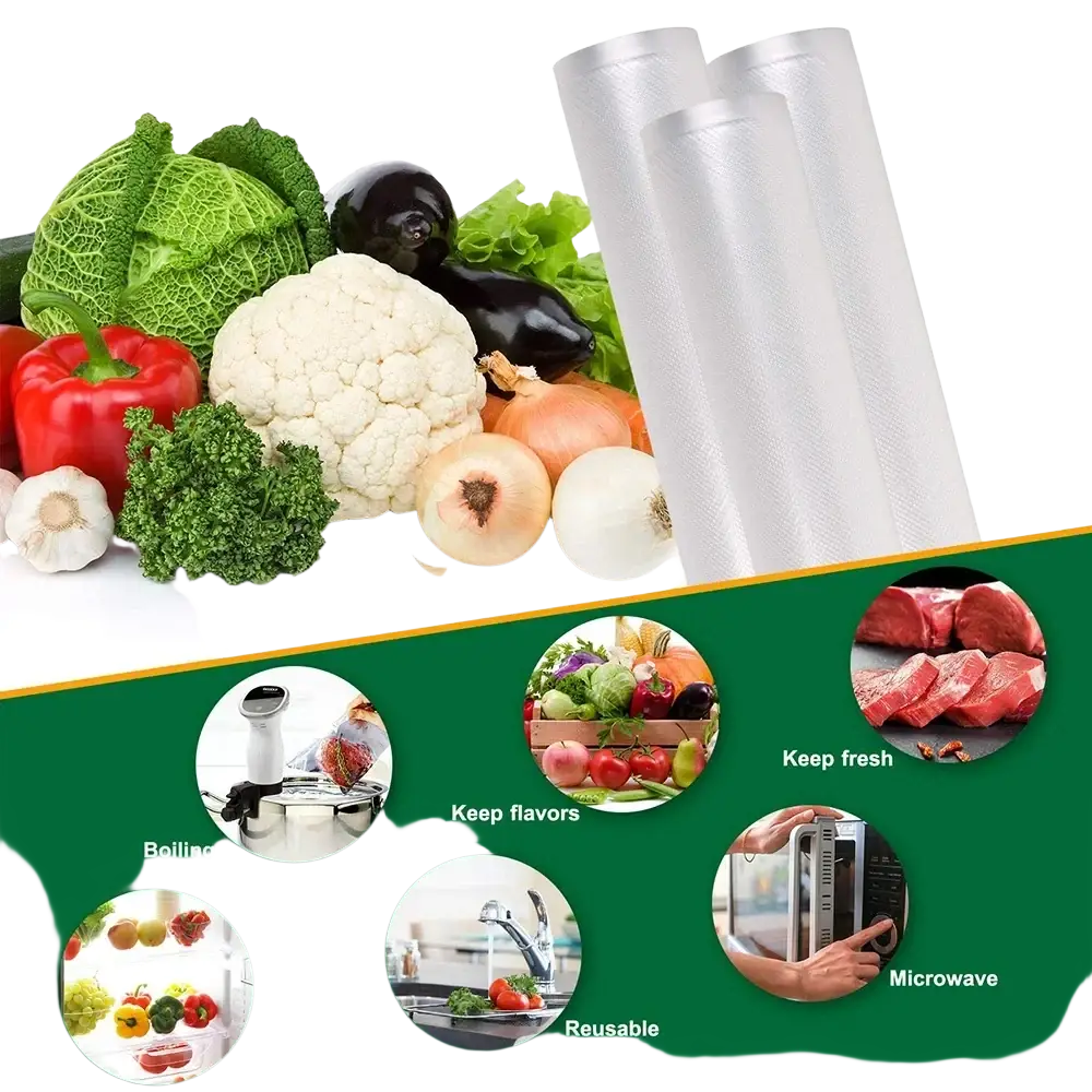 Clear transparent textured vacuum sealer food storage bags rolls designed for preserving food freshness