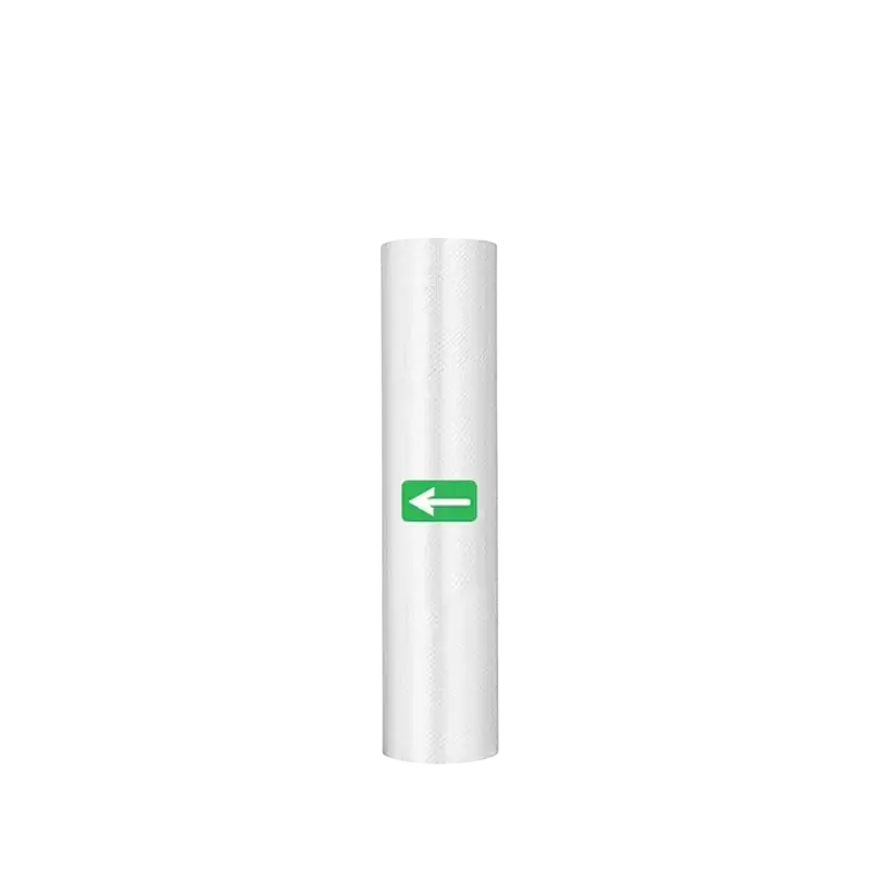 A white translucent textured clear vacuum sealer food storage bag with a green arrow label indicating direction