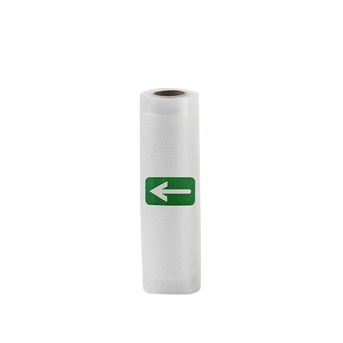 A white translucent textured clear roll of vacuum sealer food storage bags with green arrow label and 30cm height markings
