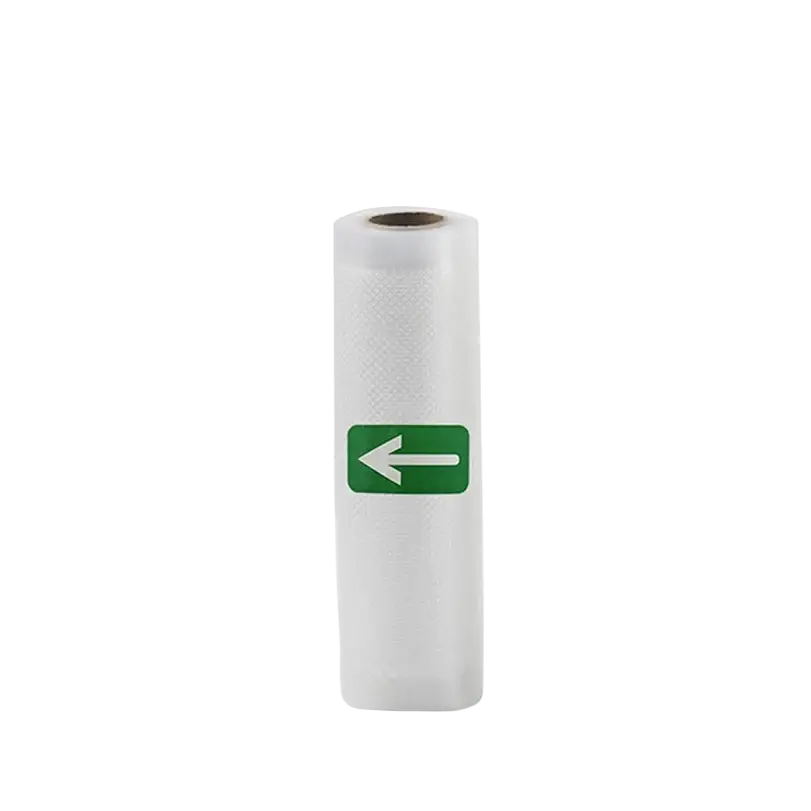 A white translucent textured clear vacuum sealer food storage bag roll with a green arrow label on the side