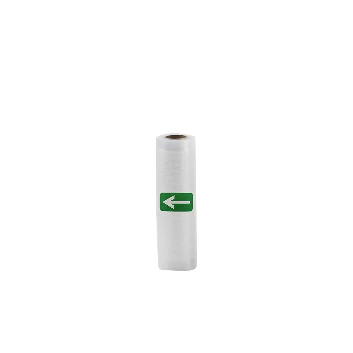 A white translucent textured vacuum sealer food storage bag roll with a green arrow label on the side