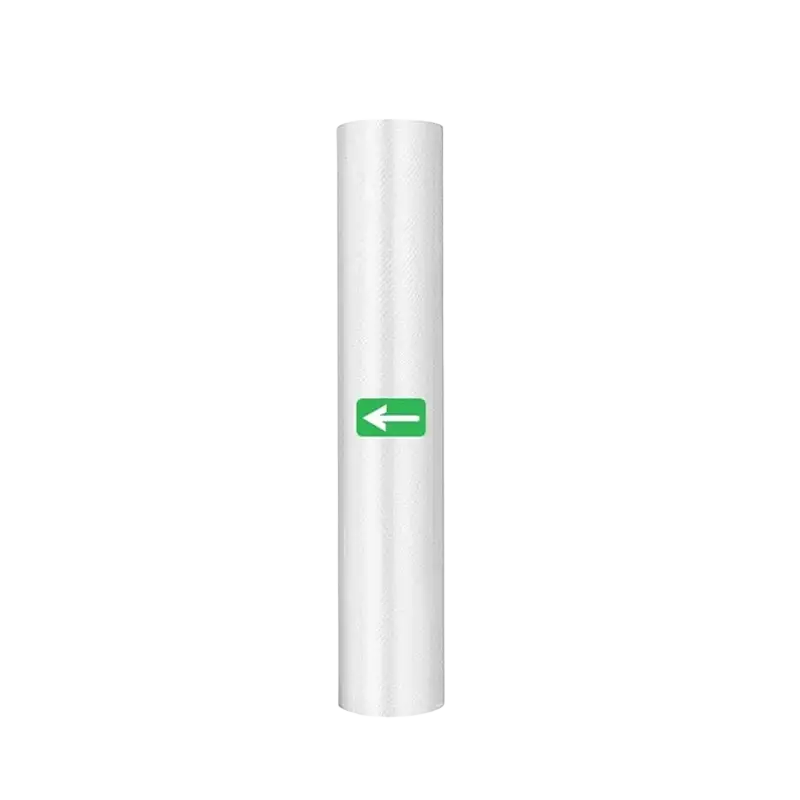 A white cylindrical roll of transparent textured plastic film with a green arrow label for vacuum sealer food storage bags